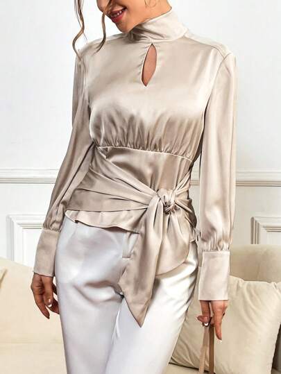 SHEIN Privé Women'S Satin High-Necked Long-Sleeved Shirt For Commuting, Inner Wear With Waistband And Collar Bonding