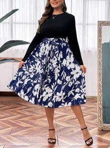 SHEIN Clasi Plus Size Floral Print Pleated Hem Belted Dress - Blue - View 1
