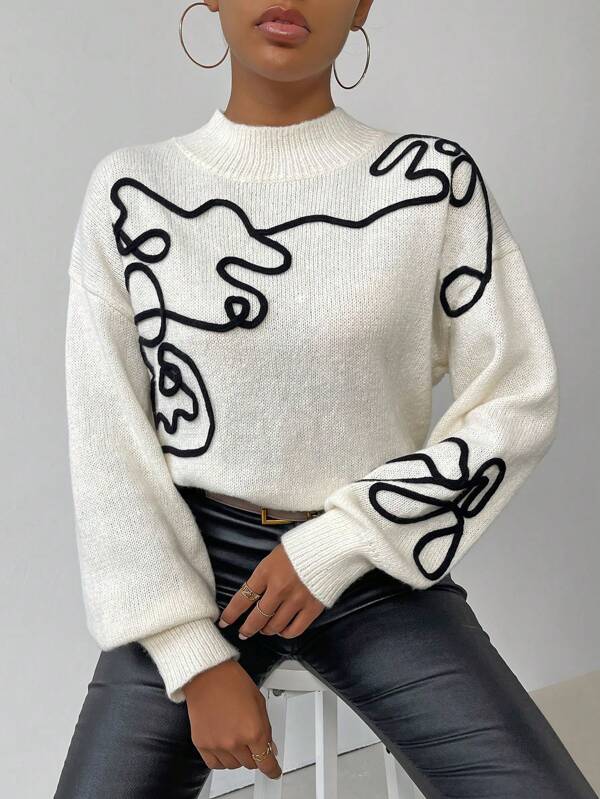 SHEIN LUNE Graphic Pattern Drop Shoulder Mock Neck Sweater,Long Sleeve Tops