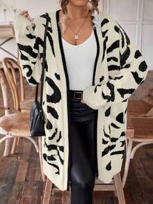 SHEIN LUNE 大碼女士印花針織開衫 - 米色 - 查看 6