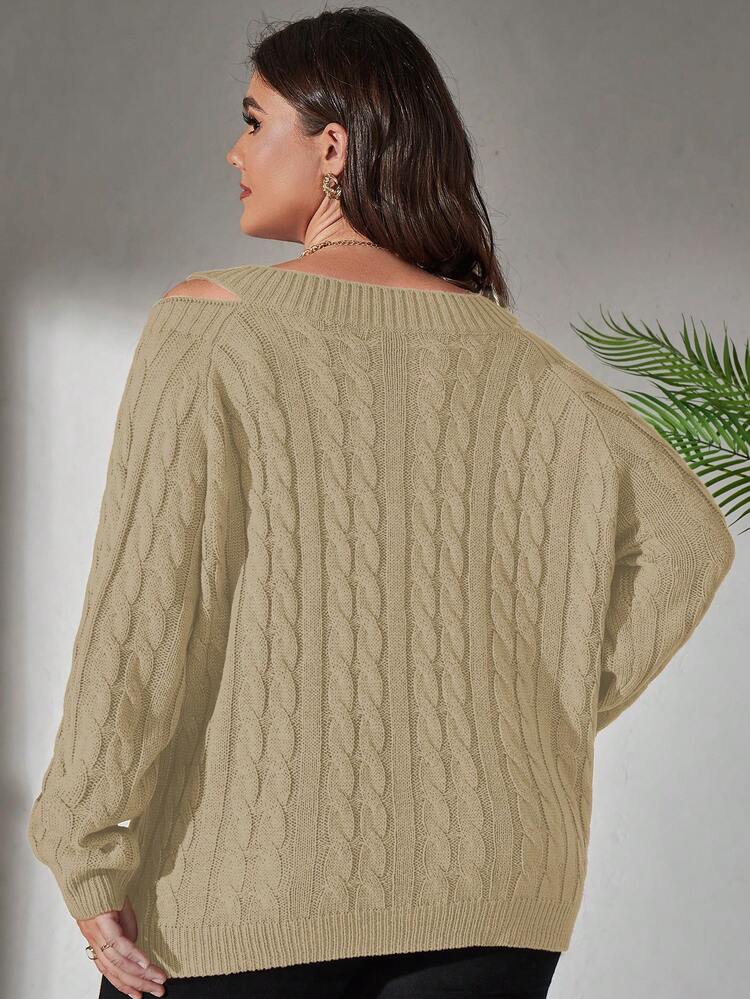 Plus-Size Women's Solid Color Cold-Shoulder Pullover Sweater Knit Pullover Fall Winter