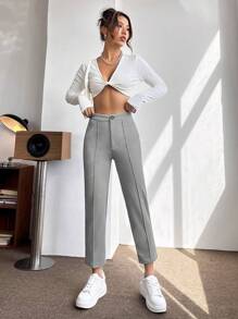SHEIN PETITE Của phụ nữ Màu thuần Quần skinny Quần - Xám - Xem 3