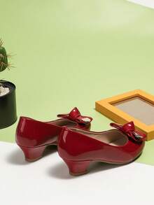 新品女孩優雅禮服鞋-紅色圓頭粗高跟鞋，帶蝴蝶結，適合小女孩 - 紅色 - 查看 2