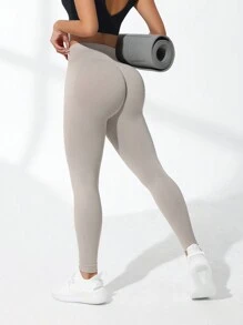 SHEIN Sports 女款无缝高弹运动健身紧身裤瑜伽裤 - 杏色 - 查看 5