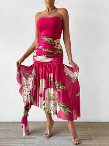 Zolique Vestido Sin Tirantes Con Estampado Floral - Rosa Fucsia - Ver 5