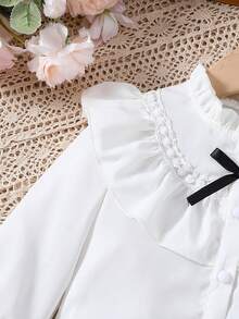 SHEIN 少女波浪邊蝴蝶結前開扣襯衫,適用於春秋季 - 白色 - 查看 5