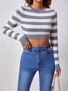 SHEIN Essnce 女性條紋長袖毛衣 - 灰色 - 查看 1