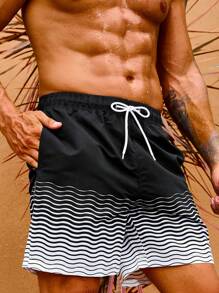 Manfinity Swimmode Nam Quần short đi biển Với Dợn sóng Sọc In Và Nghiêng Túi - màu đen - Xem 6