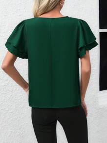 SHEIN Clasi 女士荷葉邊袖子和褶皺襯衫 - 綠色 - 查看 2