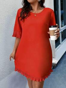 SHEIN LUNE 大尺寸純色荷葉邊下擺連身裙 - 橘色 - 查看 5