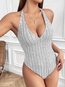 SHEIN EZwear Grey Knitted Bodysuit With Ribbed Texture And Halter Neck - Grey - View 1