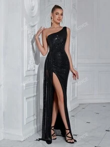 ADYCE Vestido largo de cóctel, fiesta y boda elegante con un hombro, abertura alta, cintura marcada, lazo y lentejuelas, para graduación, cena formal y eventos nocturnos