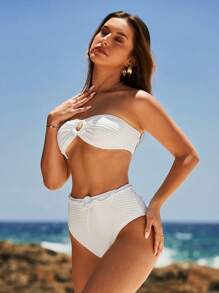 Swim Chiccia Women's Bandeau Bikini Set With Circular Ring Connection Summer Beach - White - View 5