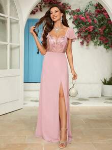 [Non Position Print] Elegant Chiffon Dress - Pink - View 7