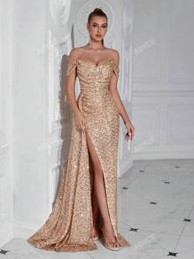 ADYCE Vestido largo de cóctel, fiesta, bienvenida, baile de graduación, cena elegante con abertura alta, plisado, lentejuelas, cinta fluida, elegante y formal para invitada de boda