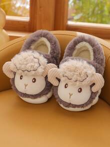 1雙男童可愛小羊設計的平底保暖拖鞋,冬季兒童鞋 - 棕色 - 查看 3