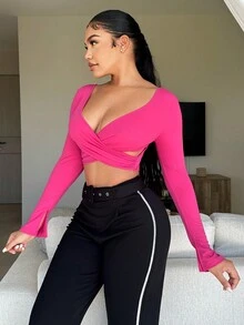 SHEIN SXY 女士短版t恤,十字織帶設計 - 玫紅色 - 查看 5