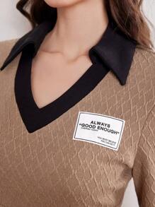 Seusyu 女士彩色領口拼接洋裝,配有燈籠袖 - 卡其色 - 查看 6