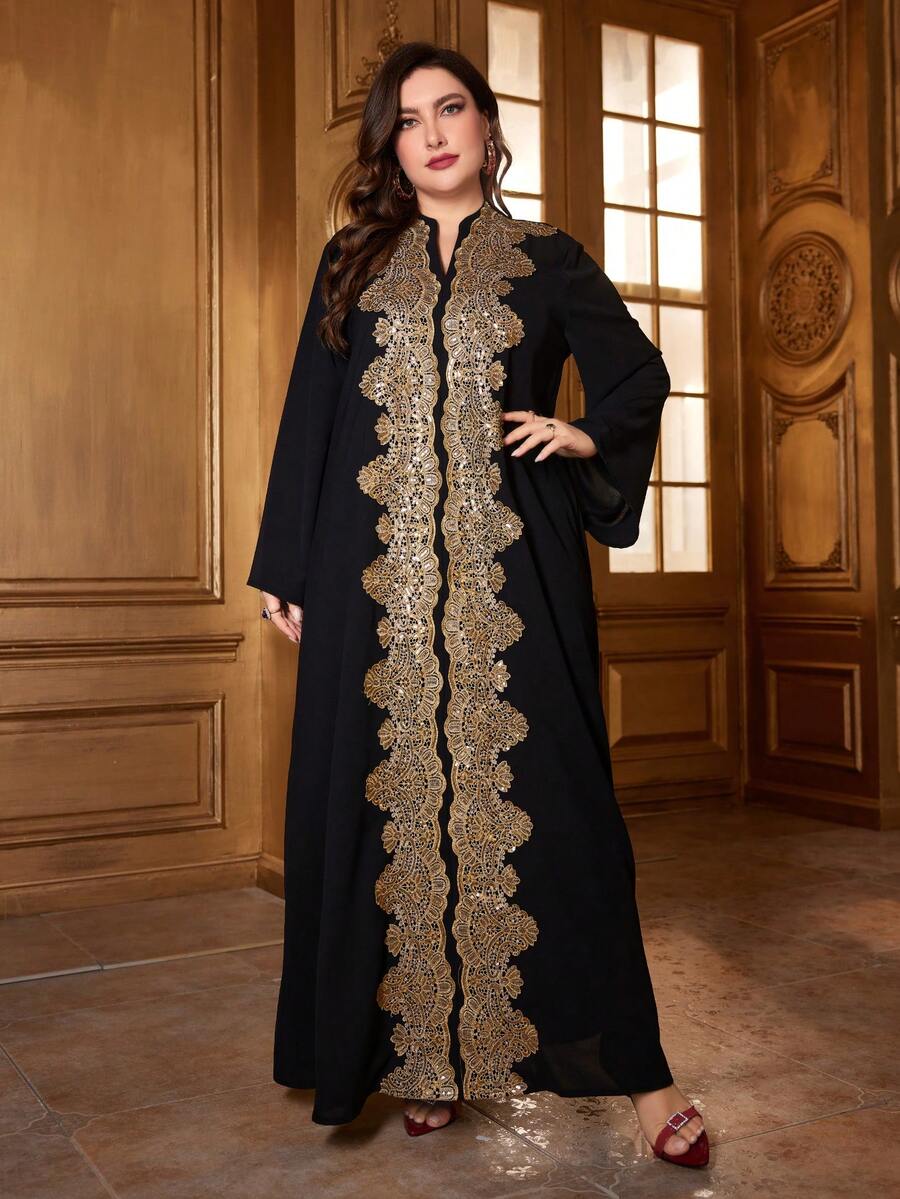 Plus Size Women's Solid Color V-Neck Floral Applique Detail Long Sleeve Soft Arabic Maxi Dress, Comfortable For Various Occasions, Holiday & Daily Wear - Black - View 1