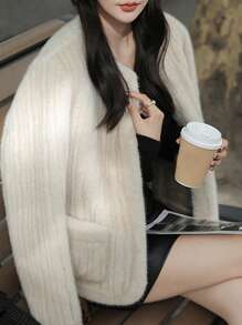 Round Neck Mink Fur Coat - Beige - View 4
