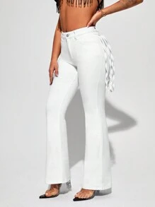 SHEIN SXY Jeans Svasati Da Donna Con Decorazione Nappe - Bianco - Visualizzare 5