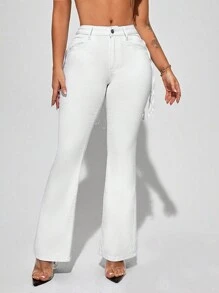 SHEIN SXY Jeans Svasati Da Donna Con Decorazione Nappe - Bianco - Visualizzare 2