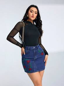 SHEIN Privé Thêu Denim Váy mini - Rửa tối - Xem 1