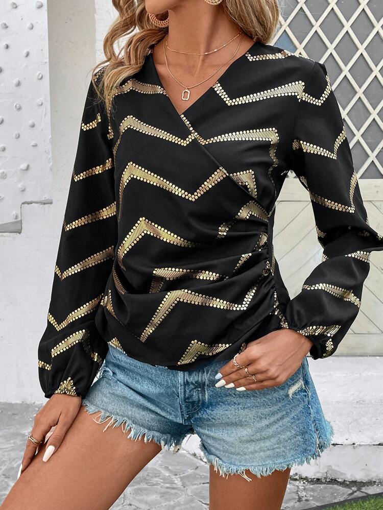 Herringbone Print Wrap Front Shirt Fall Cloth For Women