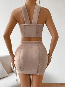 Chiquease Conjunto De Top Halter Corto Y Falda De Punto Con Detalles Desgastados