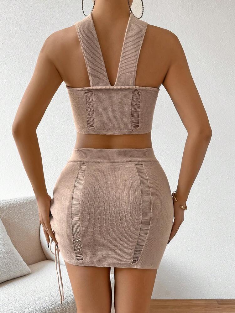 Crop Halter Top And Knit Skirt With Distressed Detailing Set