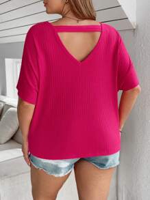 SHEIN LUNE Plus Size Women's Hollow Out Back Stripe T-Shirt - Hot Pink - View 2