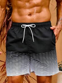 Manfinity Swimmode Nam Quần short đi biển Với Dợn sóng Sọc In Và Nghiêng Túi - màu đen - Xem 4