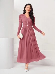 Modelyn Solid Color Pleated Leg-Of-Mutton Sleeve Ladies' Dress Long Evening Dresses - Pink - View 4