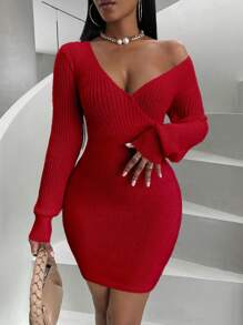 SHEIN Slayr 純色包裹式修身毛衣裙 - 紅色 - 查看 1