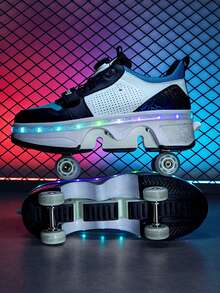 Patines de cuatro ruedas grandes para niños con estabilidad mejorada, ruedas semiautomáticas plegables y retráctiles, barra de luz LED recargable con múltiples modos, zapatos deportivos de doble uso para caminar y correr, adecuados para primavera y otoño - Multicolor - Ver 6
