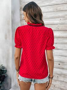 Chiquease Kontrastowa Kolorowa Bluzka W Kropki Z Nadrukiem I Wiązanym Kołnierzem Na Ubrania Noworoczne, Bluzki Z Krótkim Rękawem