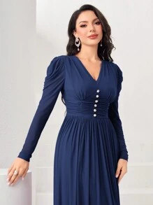 Modelyn 女用褶皺抽繩腰泡泡袖連身裙 - 寶藍色 - 查看 5