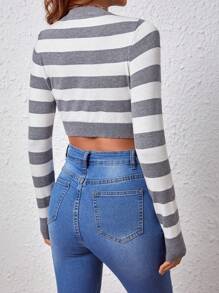 SHEIN Essnce 女性條紋長袖毛衣 - 灰色 - 查看 2