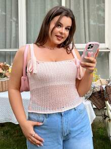 SHEIN Qutie Plus Size Hollow Out Knitted Camisole Top - Baby Pink - View 1