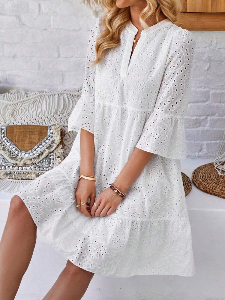 Women's White Hollow Embroidered Notch Collar Multi-Layer Split A-Hem Dress For Spring