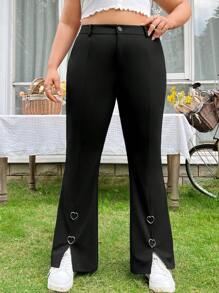 SHEIN EZwear Women's Plus Size Solid Colored Heart-Shaped Decorated Split Flare Pants - Black - View 1