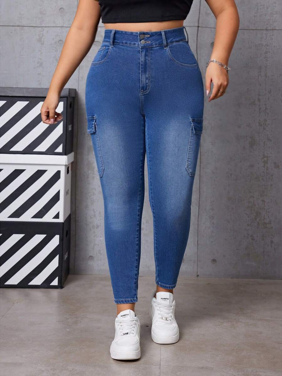 SHEIN EZwear Plus Size Women's Cargo Style Denim Pants With Pockets for