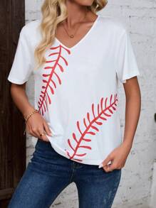 SHEIN LUNE Solid V Neck Tee Short Sleeves Curved Hem Tee - White - View 4