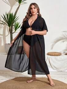 SHEIN Swim Curve 加大尺碼女士長短袖和服連衣裙音樂節 - 黑色 - 查看 4