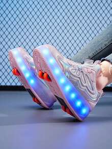 Girls' Solid Automatic Four-Wheel 12-Mode Rechargeable Roller Sneakers - Multicolor - View 5