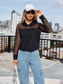 SHEIN Essnce Women's Hooded Sweatshirt With Mesh Contrast - Black - View 6