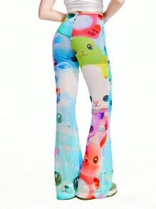 SHEINNeu Dopamina Dibujo Animado Gráfico Micro La Pantalones Largos Estampado Animal Estampado De Gato Malla Legging Primavera Vacaciones Verano Pantalones Verano Mujer Trajes De Verano Con Pantalones De Campana Pequeños - Multicolor - Ver 2