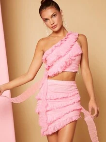 L'Amorae Ruffle One Shoulder Top & Skirt Two Pieces Set