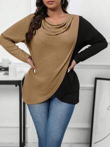 SHEIN LUNE Plus Size Women's Loose Cowl Collar Contrast Color T-Shirt - Multicolor - View 6