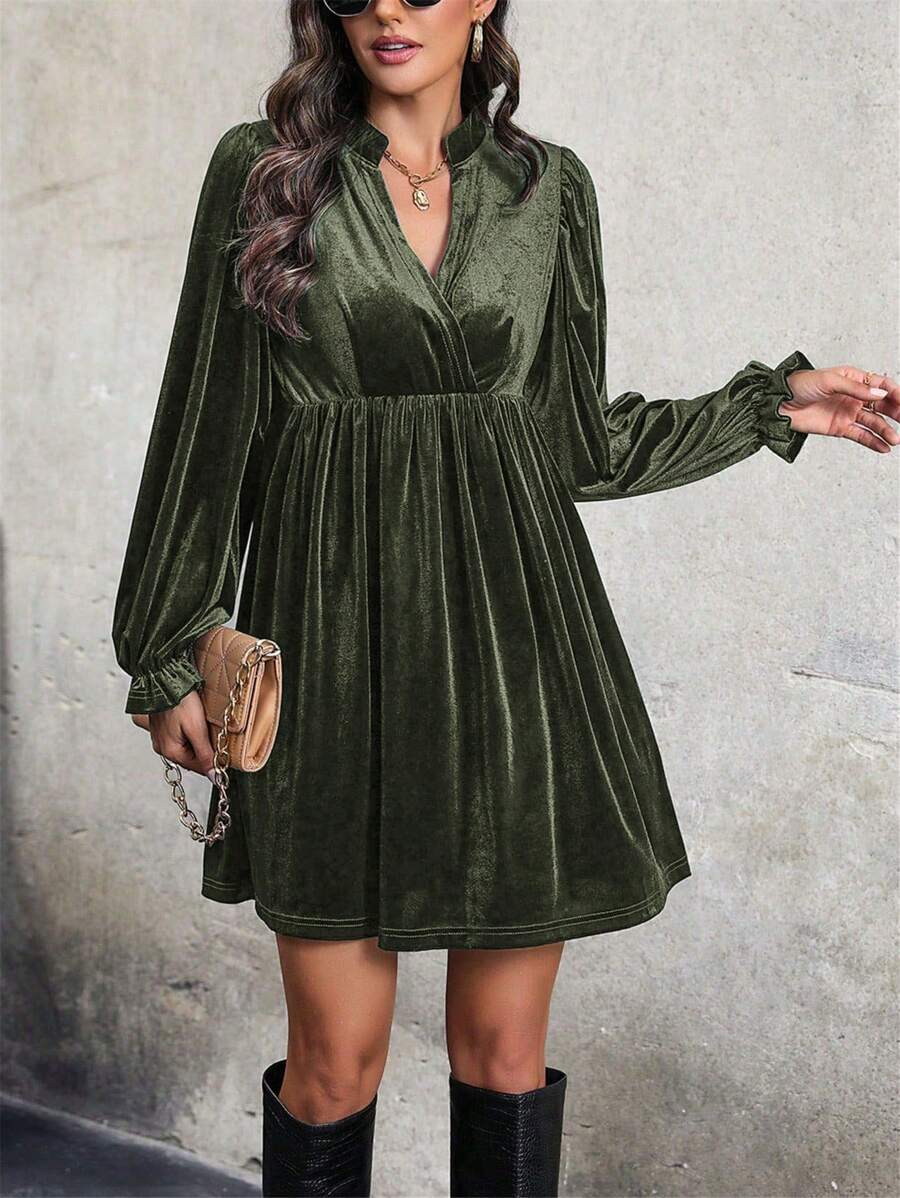 SHEIN Clasi Women's Notched V-Neck Ruffle Sleeve Dress